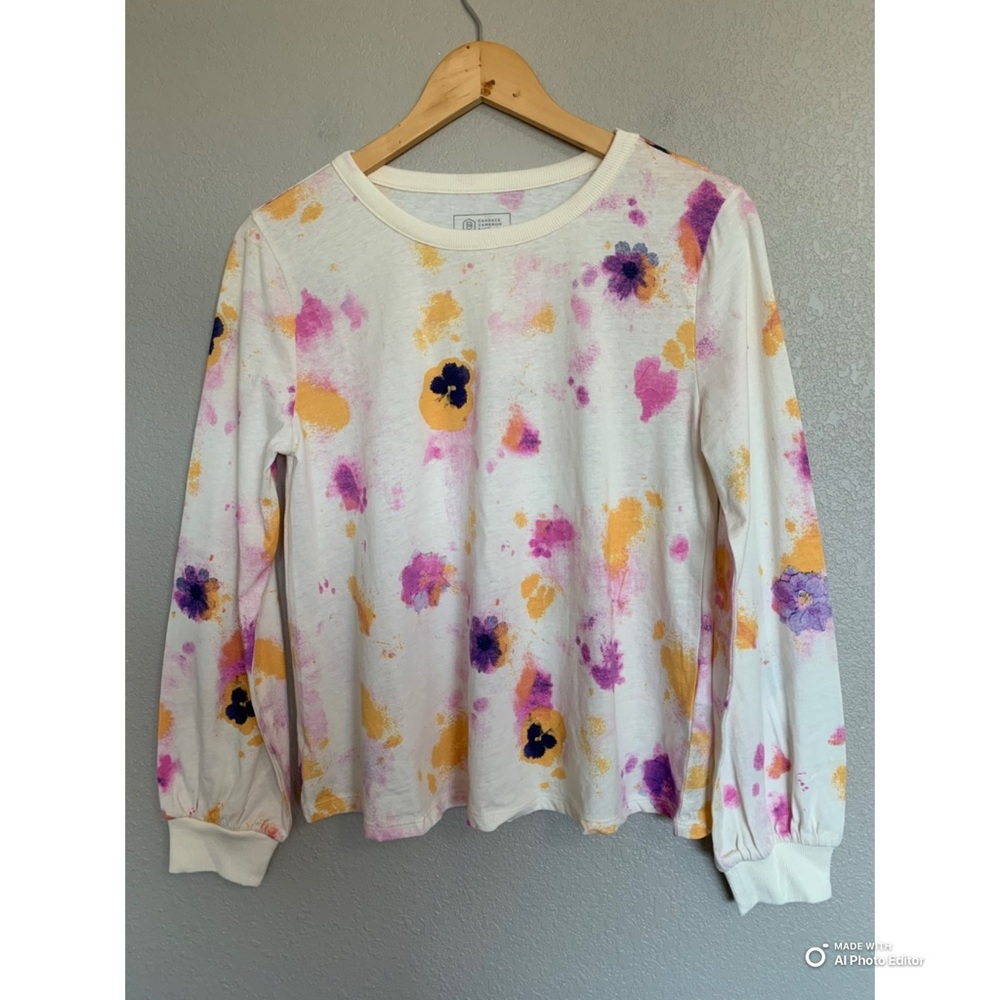 Candace Cameron Bure Pansy Floral Print Long Sleeve Tee Top Size XS NWOT